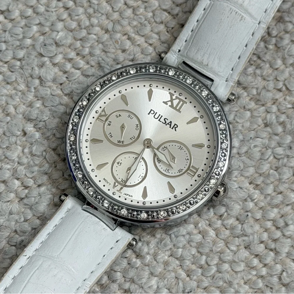 Pulsar Silver Watch with Crystal Accents and White Strap